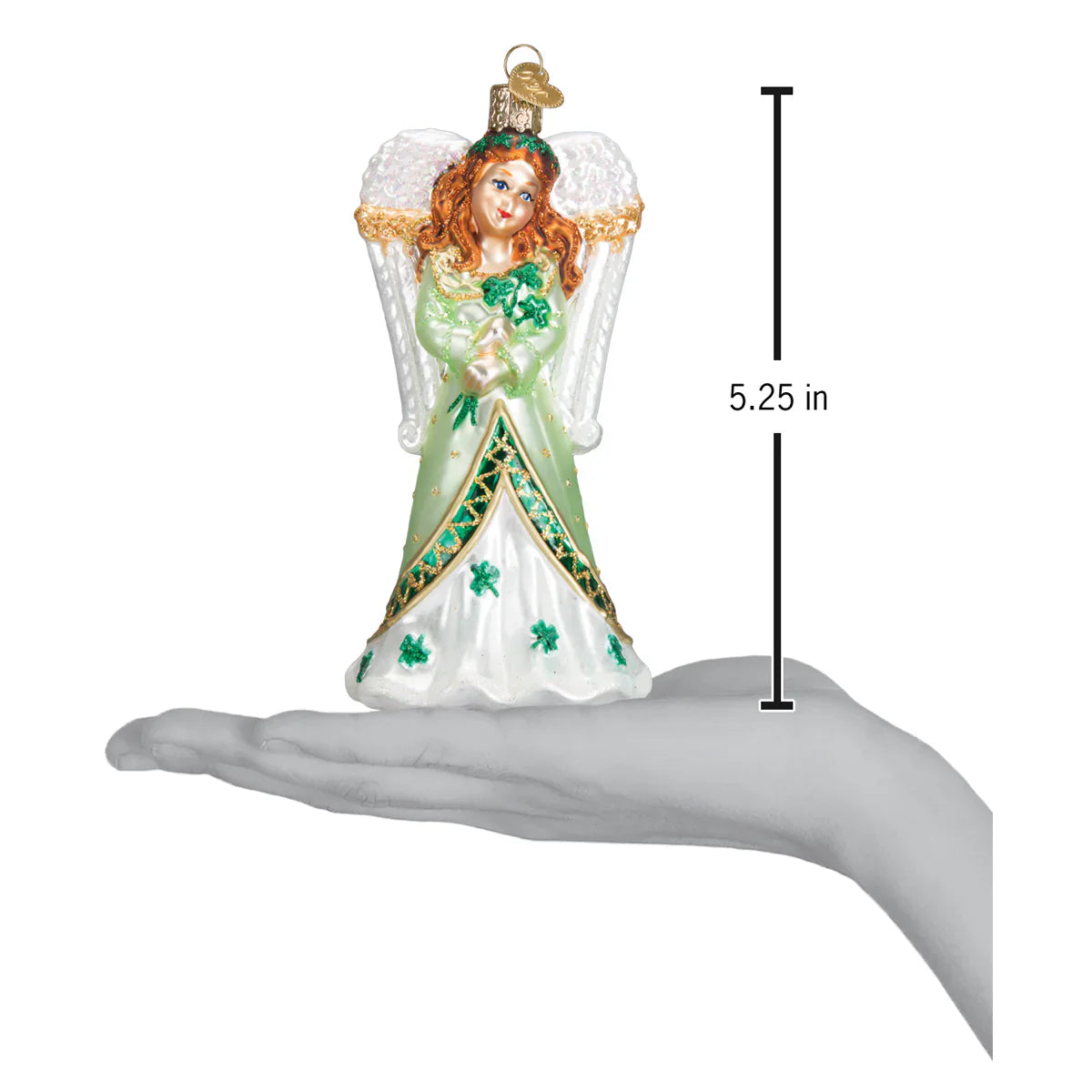 Delicate irish angel ornament made of glass with green and white shamrock robes gold trim and translucent wings figural decor