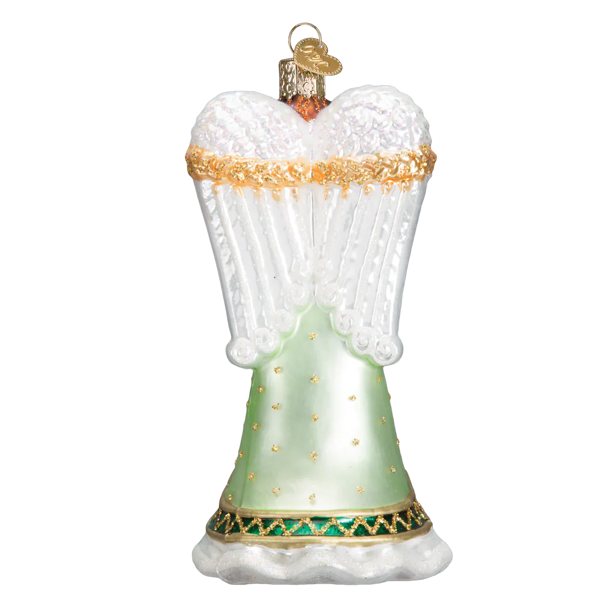 Delicate irish angel ornament with glass angel ornament material, white wings, and mint green dress with gold dots figural decor