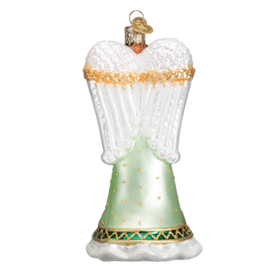 Delicate irish angel ornament with glass angel ornament material, white wings, and mint green dress with gold dots figural decor
