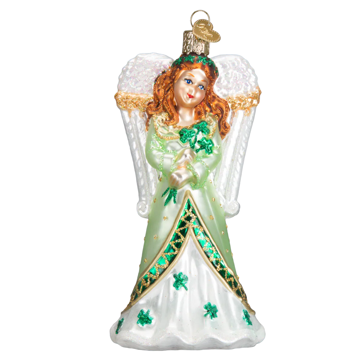 Delicate irish angel ornament with flowing light green and white robes, sparkling shamrocks, and gold trim figural decor