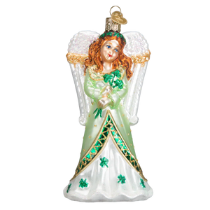 Delicate irish angel ornament with flowing light green and white robes, sparkling shamrocks, and gold trim figural decor