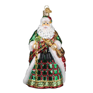 Glass irish father christmas ornament with green and red plaid robe gold trim white beard festive holiday design