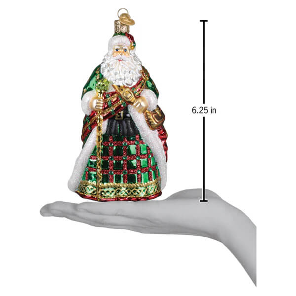 Green and red plaid glass irish father christmas ornament with gold trim and festive father christmas design