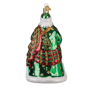 Green glass irish father christmas ornament with red and gold trim glittery details and white beard