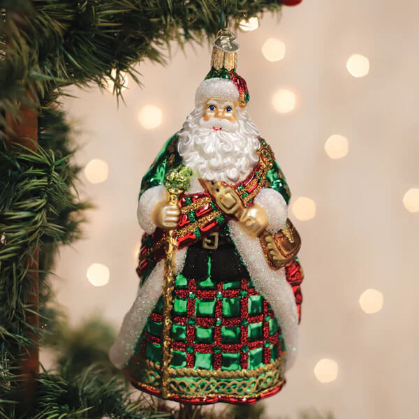 Glass irish father christmas ornament with green red plaid pattern gold trim white fur and glittery details