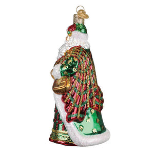 Glass irish father christmas ornament with red green robe gold-trimmed hat white beard holding golden sack