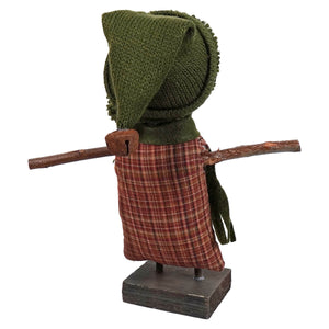 Rustic isabella snowman standing doll with knitted olive green hood and twig arms by kari emerson design for christmas snowman figures and decor