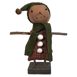 Isabella snowman standing doll with rustic brown fabric face and green knitted hat by Kari Emerson design Christmas decor