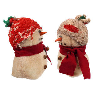 Itty bitty snowman figurines wearing skicaps with red scarves in red knit and beige fuzzy hats for holiday cheer