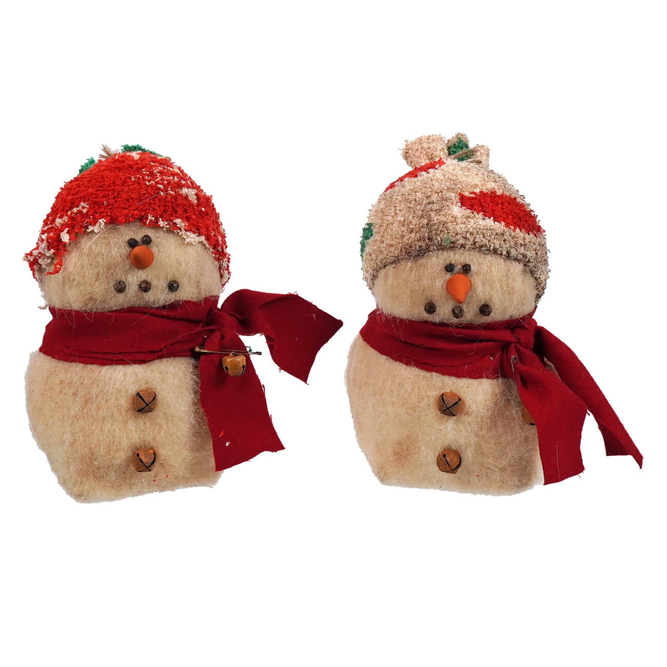 Two festive itty bitty snowman figurines wearing red knitted skicaps and scarves spreading holiday cheer