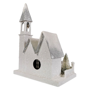 Ivory church figurine with a glittery white metallic finish, pointed steeple, and snow-dusted roof perfect for a christmas village church
