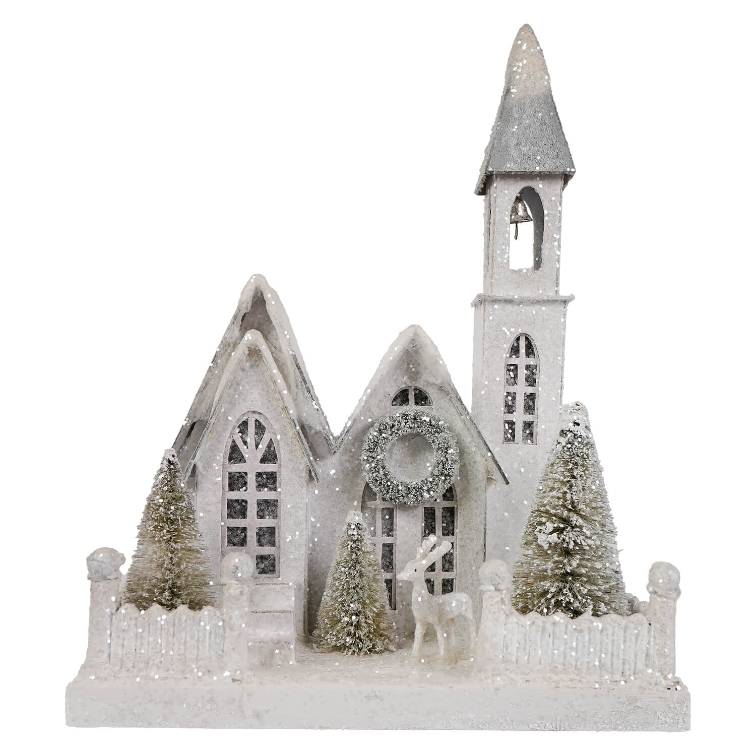 Ivory church metallic miniature christmas church figurine with silver glitter frost snow-dusted trees and deer front view