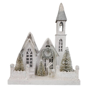 Ivory church metallic miniature christmas church figurine with silver glitter frost snow-dusted trees and deer front view