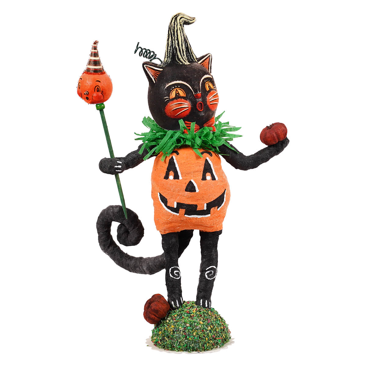 A black cat figurine with a pumpkin body and festive accessories called jack o cat by johanna parker