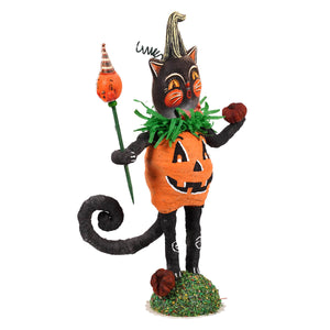 A whimsical black cat figurine called jack o cat dressed in an orange pumpkin costume holding a candy cane and wearing a striped hat