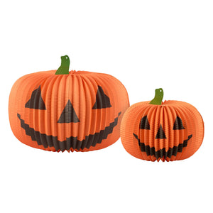 Orange pleated paper halloween pumpkin lanterns with black jack-o-lantern faces printed and green stems accordian paper decoration set