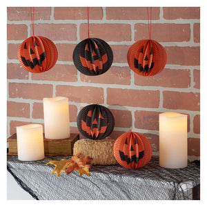 Orange and black jack-o-lantern accordian paper hanging decorations with pleated design for halloween paper decorations