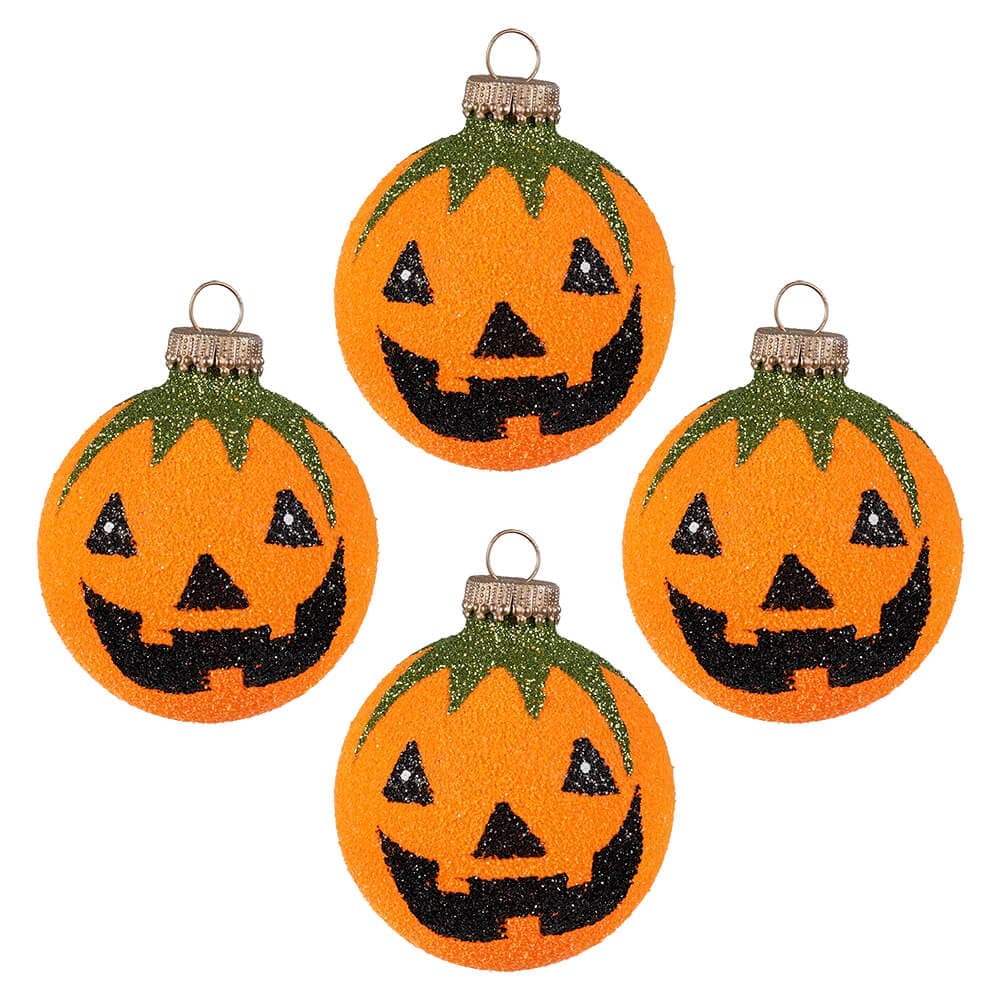 Jack-O-Lanterns Glittered Ball Ornaments Set/4 - Ornaments