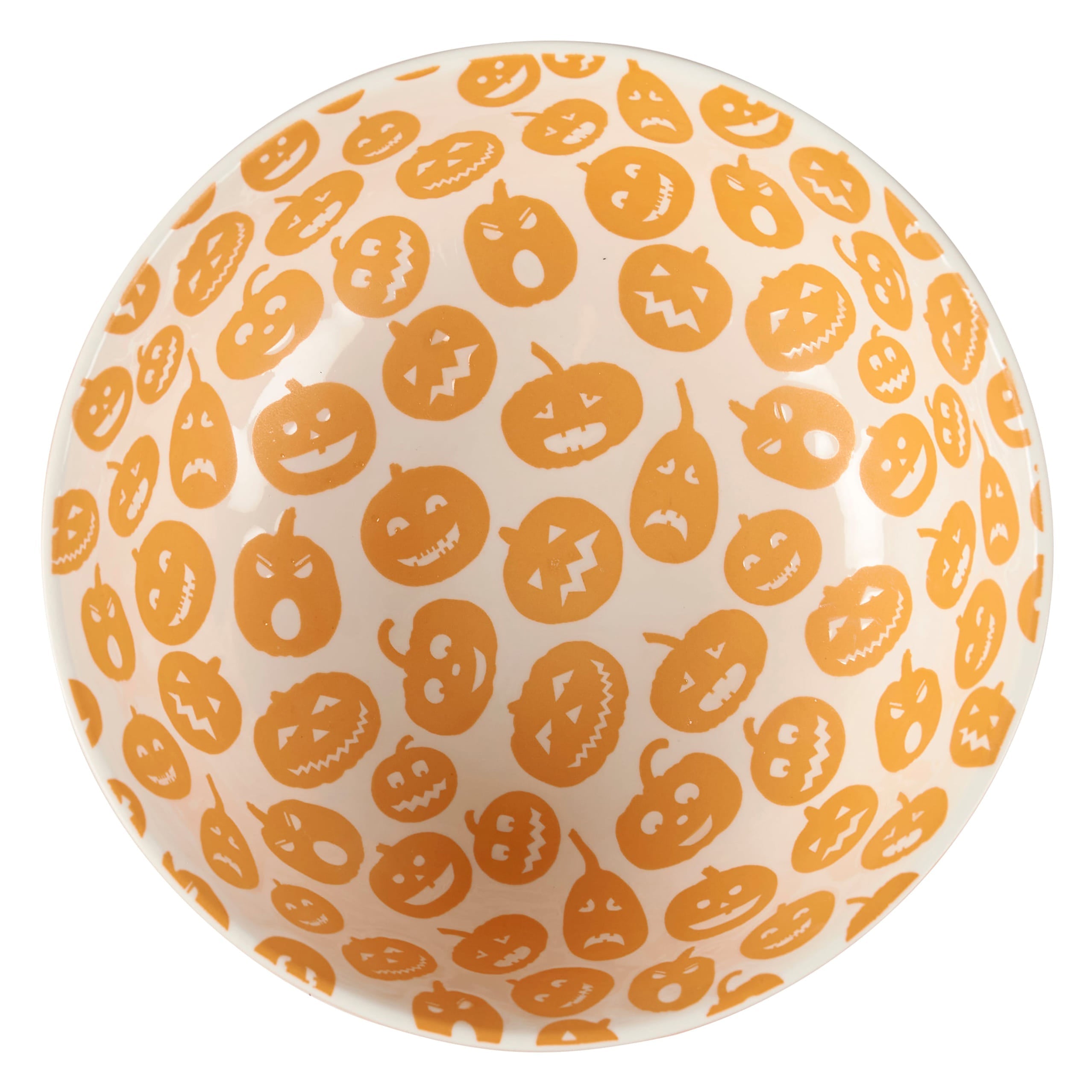 A white ceramic jack o lantern bowl with orange pumpkin faces perfect for a fun bowl set