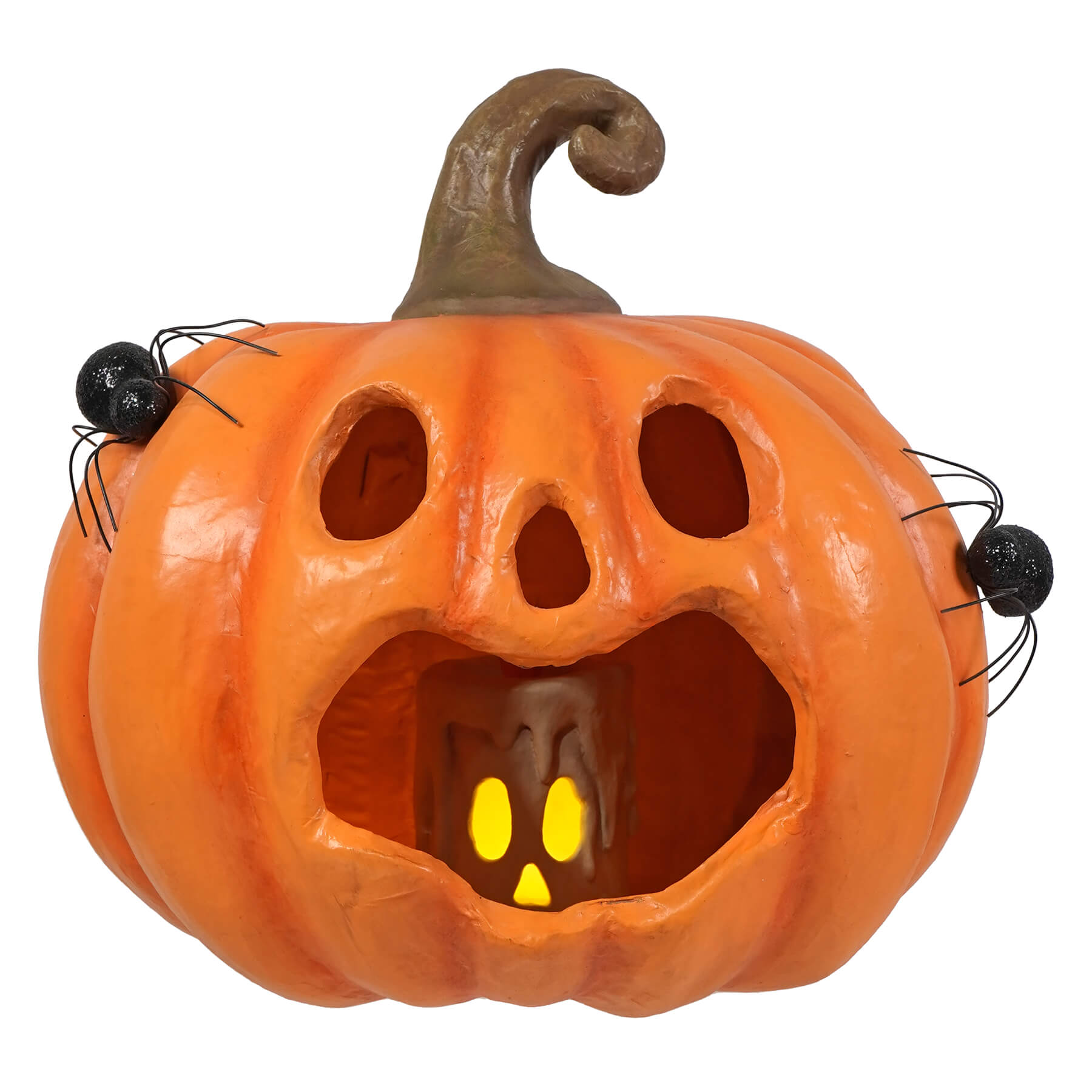 Orange jackie boo lantern halloween pumpkin with glowing eyes and black spider decorations on sides