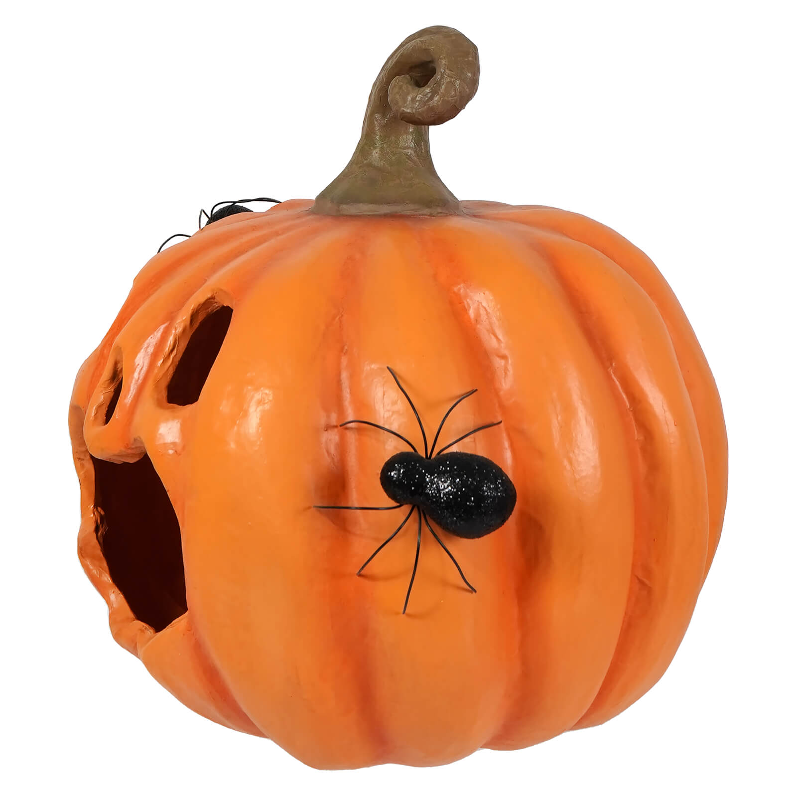 Orange plastic halloween pumpkin jack o lantern with carved face and black spider decoration from jackie boo lantern