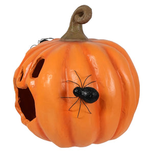 Orange plastic halloween pumpkin jack o lantern with carved face and black spider decoration from jackie boo lantern