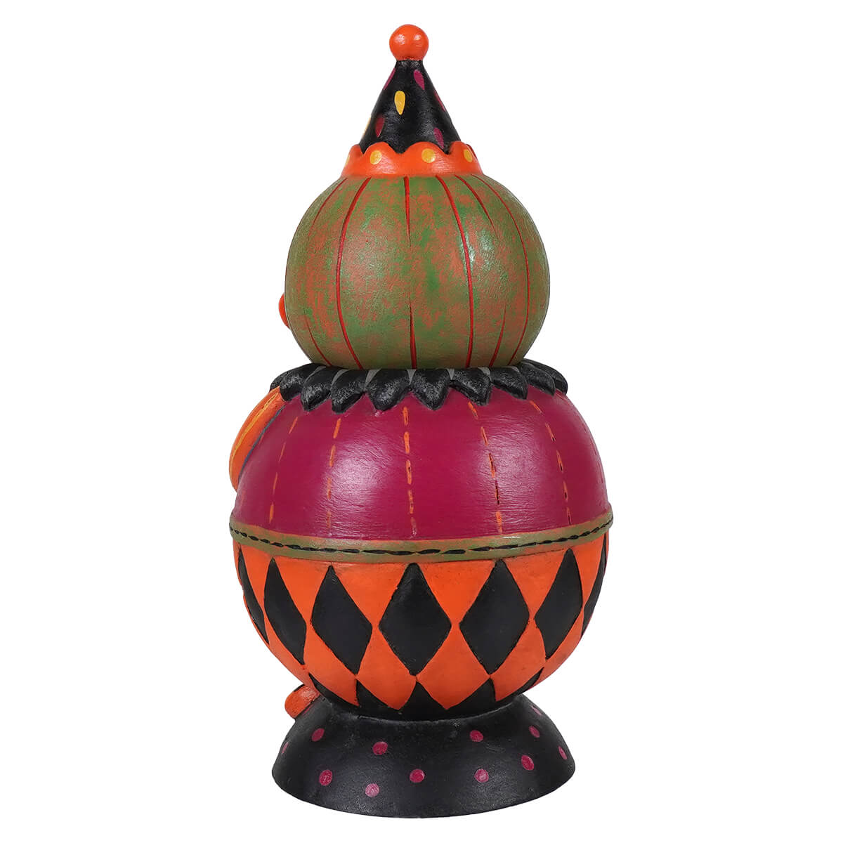 A whimsical two-tiered ceramic green-o-ween spooks jar by jackie with green and red pumpkin tiers and a black jester hat
