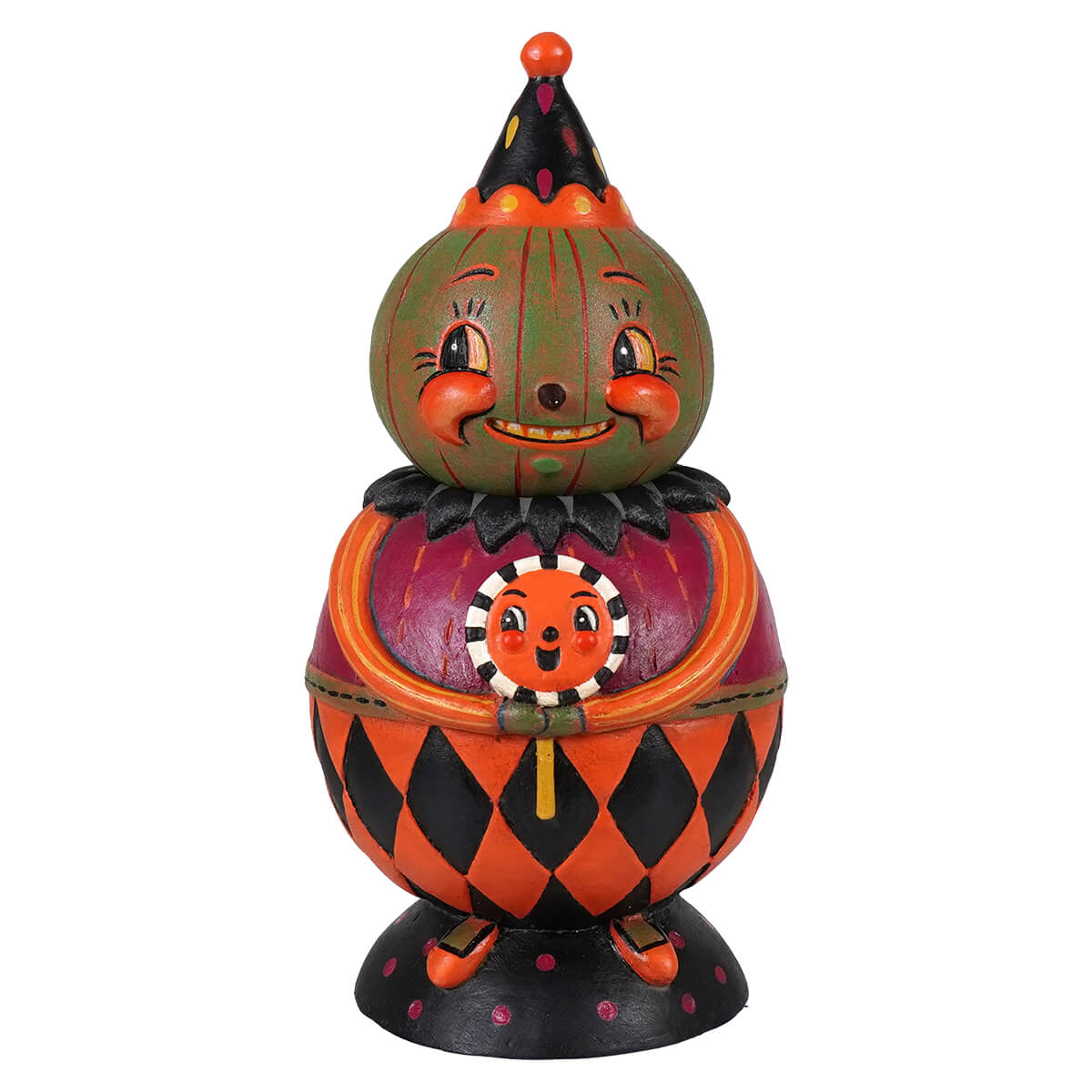 Whimsical halloween figurine of jackie with green pumpkin head in orange black outfit from green-o-ween spooks jar