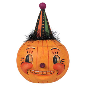 Orange pumpkin candy dish with a party hat perfect for halloween treats from jackie yell-o-ween collection