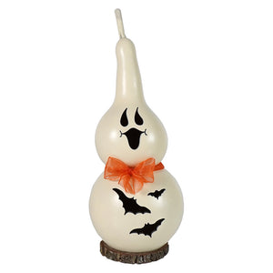 Cream-colored tiny ghost gourd candle with black face, orange bow, bat cutouts made from natural paper mache by meadowbrooke gourds