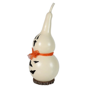 Cream-colored tiny ghost gourd candle with black bat decals and orange ribbon made of natural paper mache by meadowbrooke gourds