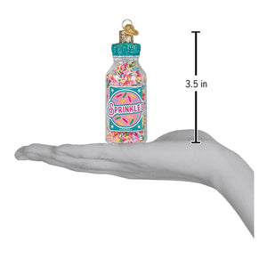 Jar of sprinkles ornament colorful glass bottle filled with rainbow sprinkles teal label gold cap figural decor pickles ornament
