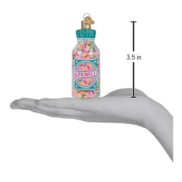 Jar of sprinkles ornament colorful glass bottle filled with rainbow sprinkles teal label gold cap figural decor pickles ornament