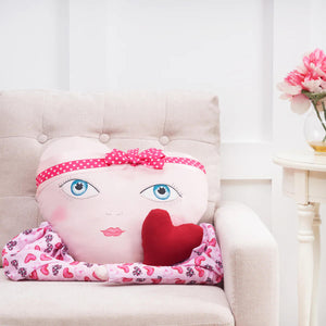 Pink heart-shaped zombinaland decorative pillow with blue eyes red polka-dot headband and pink lips by tracy scheff