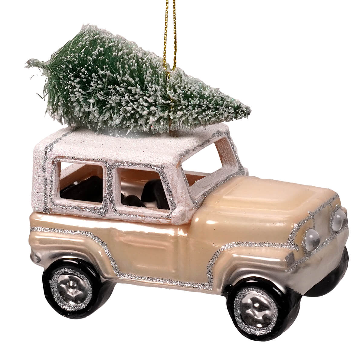 Beige glitter frosted glass jeep hauling christmas tree ornament with a frosted green tree on its roof