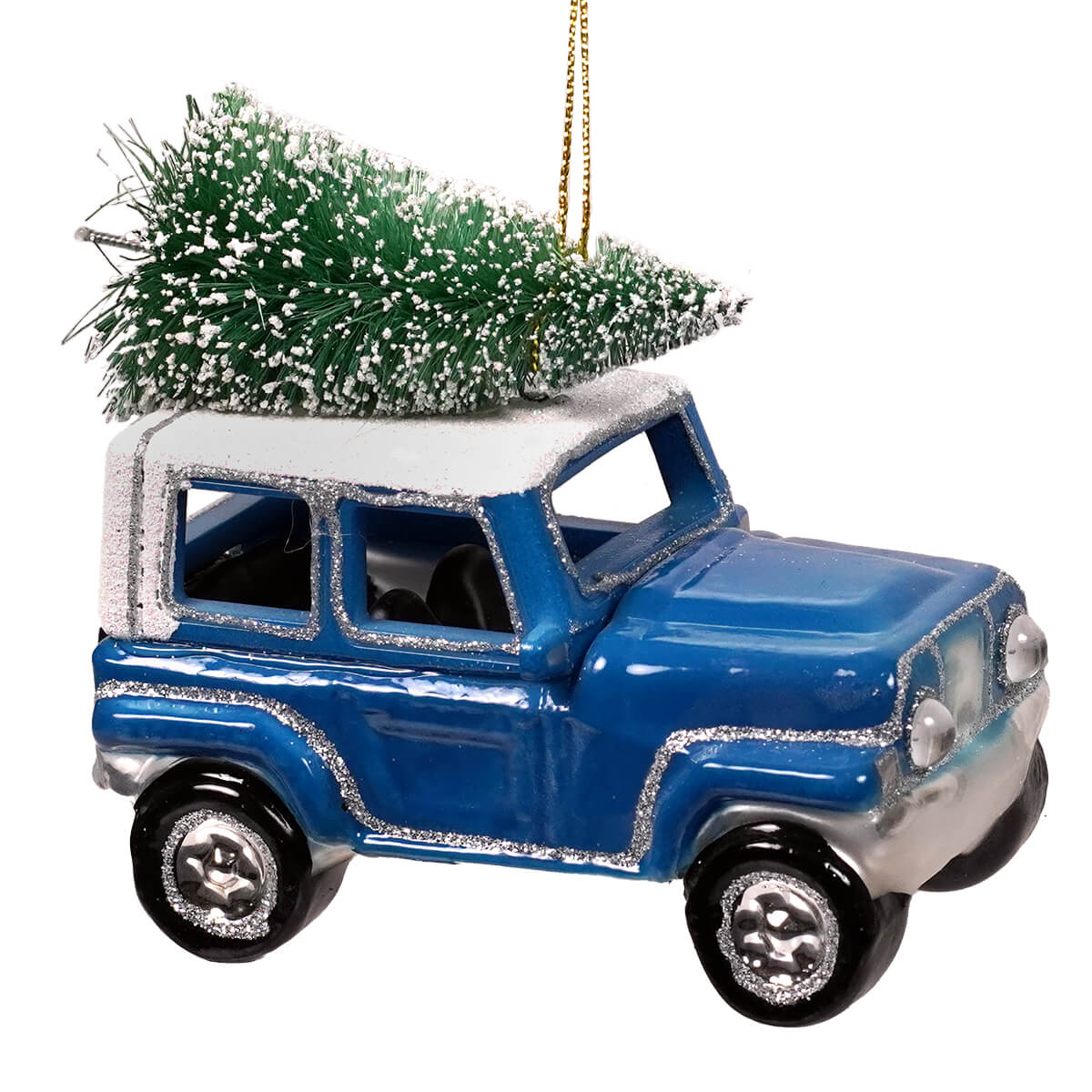 Blue vintage-style jeep hauling christmas tree ornament with silver glitter trim and frosted green tree on roof
