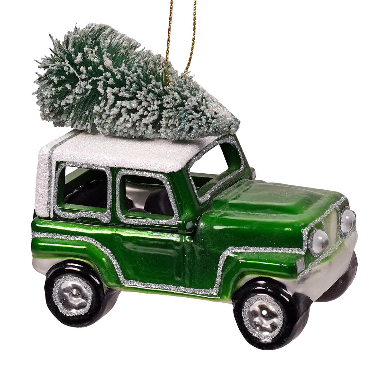 Green glass jeep hauling christmas ornament shaped like vintage station wagon with silver glitter hauling christmas tree