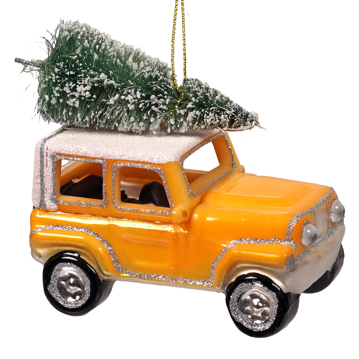 Orange glass jeep hauling christmas ornament shaped like vintage station wagon with silver glitter hauling christmas tree on top