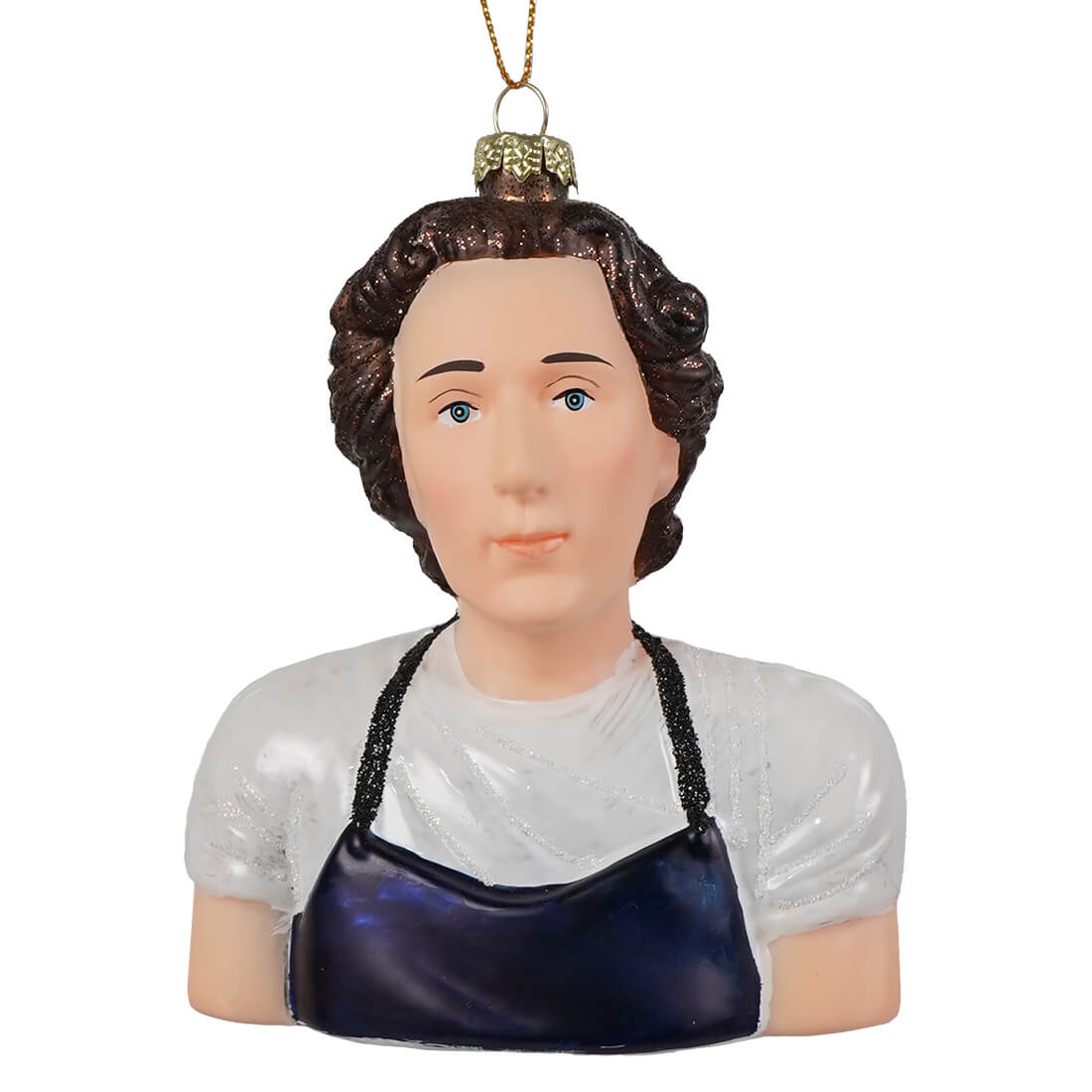 Glass ornament of jeremy allen white featuring a woman with curly brown hair in a white shirt and dark blue apron