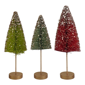 Three miniature green and red glittery bottle brush trees with gold bases from bethany lowe jewel-tide set of 3