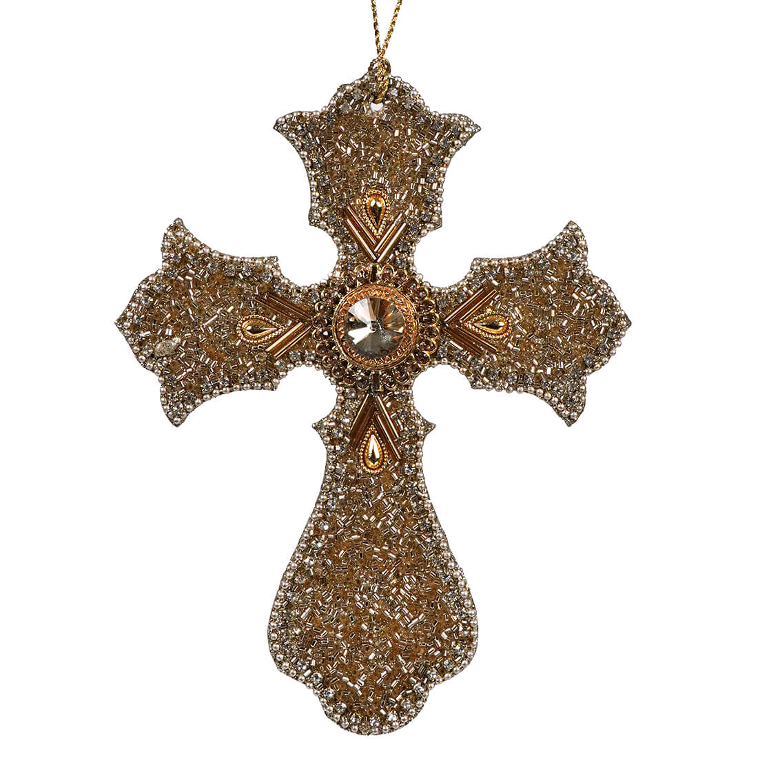 Jeweled & Beaded Gold Cross Ornament - Ornaments