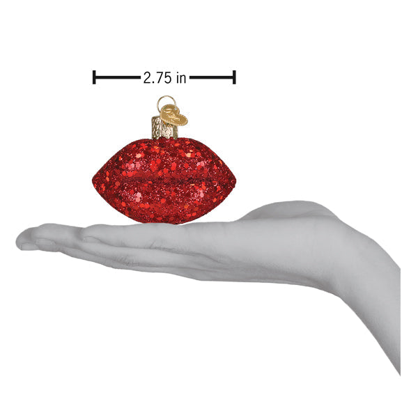 Red glittery glass and glitter lipstick ornament with gold hanging loop figural decor for holiday trees