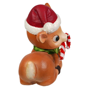 A charming brown ceramic christmas reindeers figure by bethany lowe wearing a santa hat and holding a candy cane