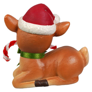 Brown ceramic reindeer figurine wearing red santa hat holding candy cane from bethany lowe christmas reindeer decor