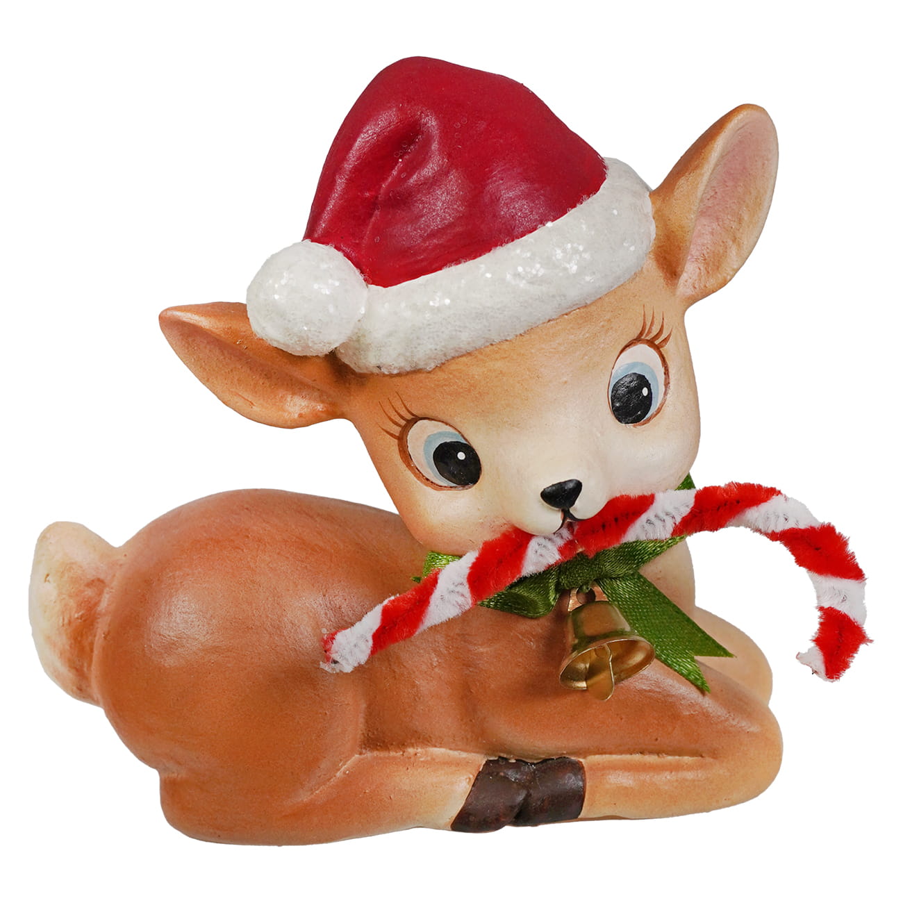 A charming tan resin christmas reindeers figure by bethany lowe wearing santa hat and holding candy cane bell