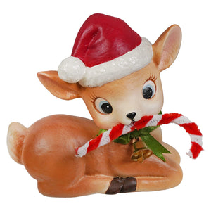 A charming tan resin christmas reindeers figure by bethany lowe wearing santa hat and holding candy cane bell