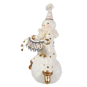 White glittery bethany lowe designs jingle snowman on snowball holding jingle banner with gold bells christmas snowman decor