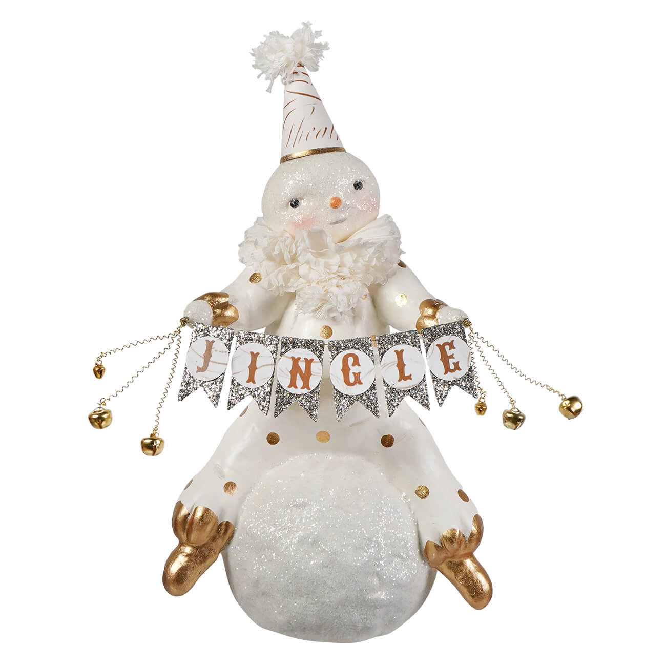 White glittery jingle snowman on snowball with gold party hat holding a jingling banner by bethany lowe designs christmas snowman figures and decor