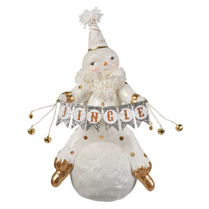 White glittery jingle snowman on snowball with gold party hat holding a jingling banner by bethany lowe designs christmas snowman figures and decor