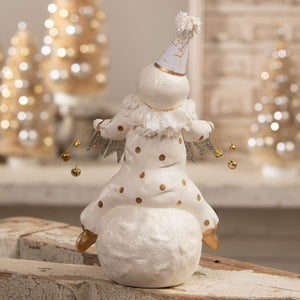 White glittery jingle snowman figurine with gold trim and bells from bethany lowe designs christmas snowman figures decor